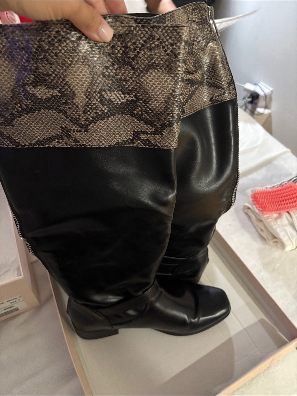 JustFab Black Over-the-Knee Boots with Snake-Print Cuff